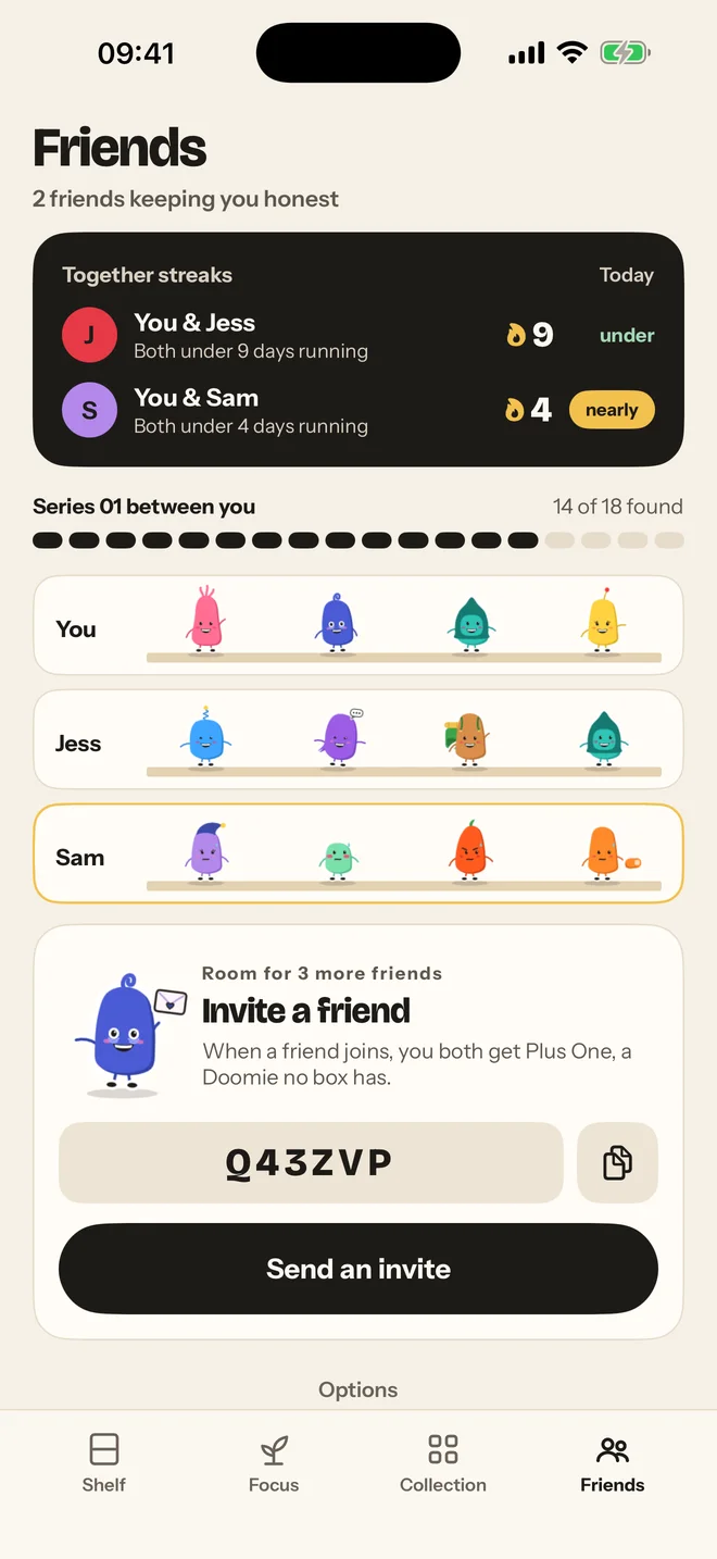 A friends list with everyone’s streaks and shelves